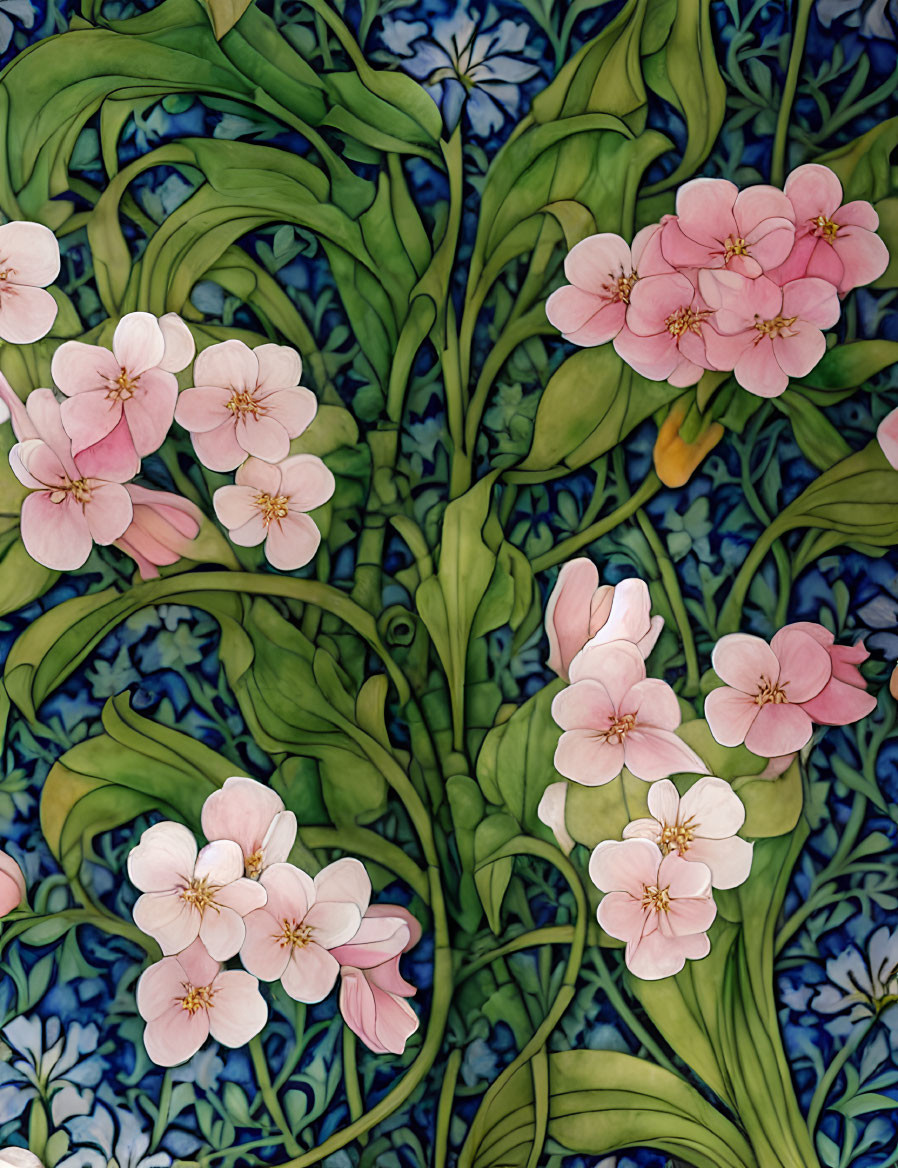 Pink Flowers and Green Leaves on Dark Blue Background Illustration