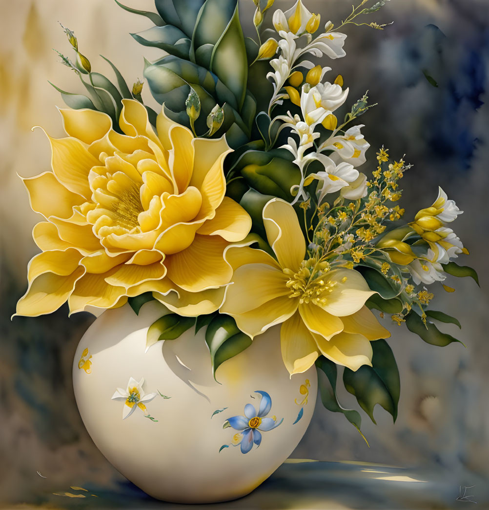 Realistic digital painting: Yellow and white flower bouquet in white vase with blue floral designs