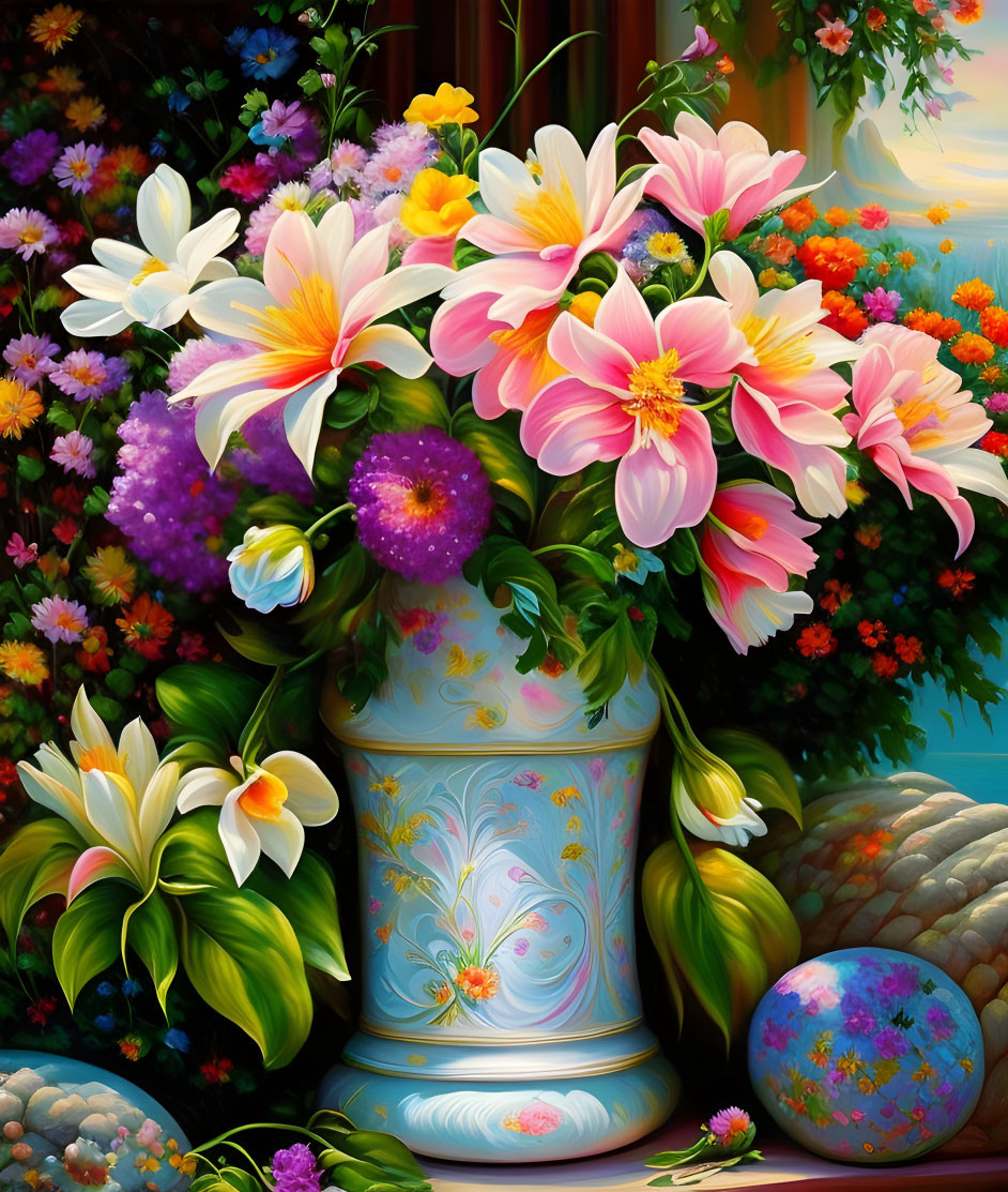 Multicolored flowers in vase with painted egg, lush greenery, sunset view