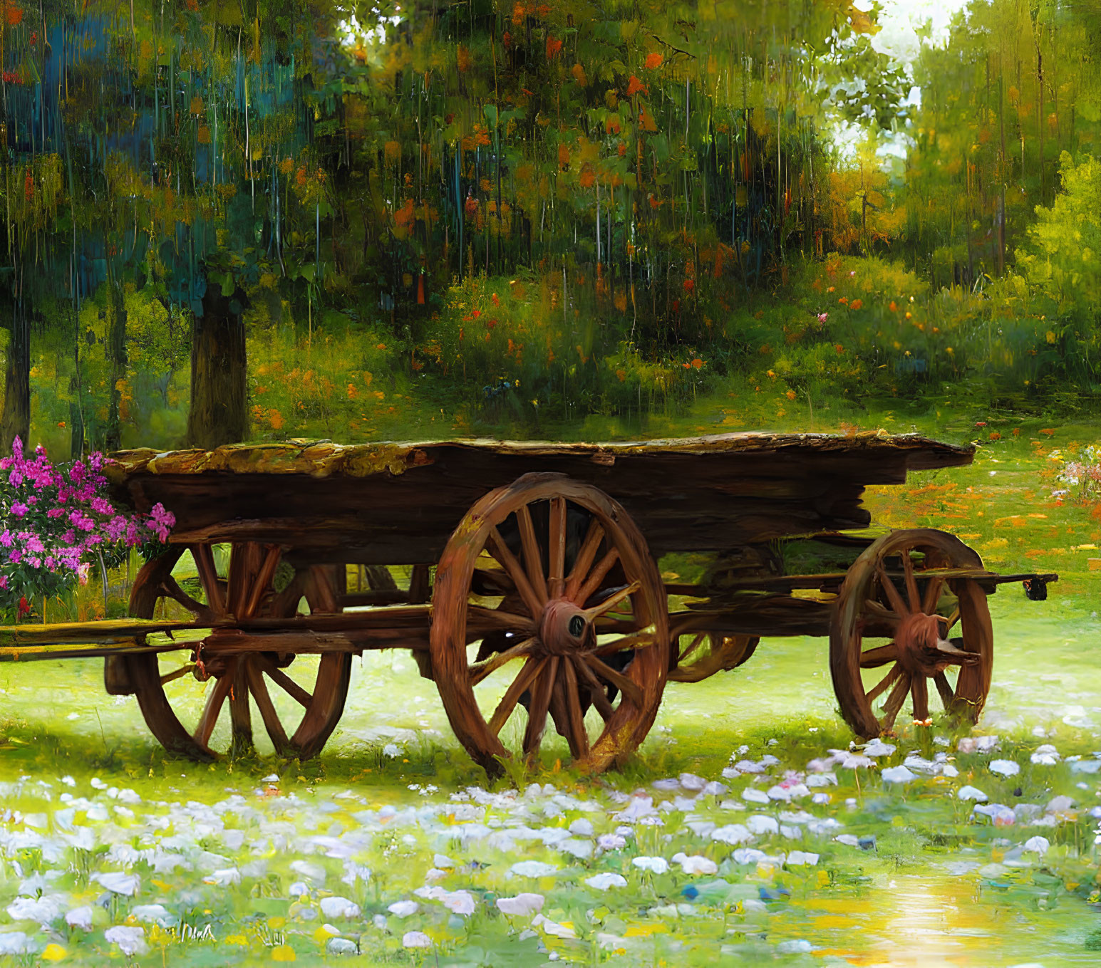 Rustic wooden cart in flower-filled meadow under tree canopy