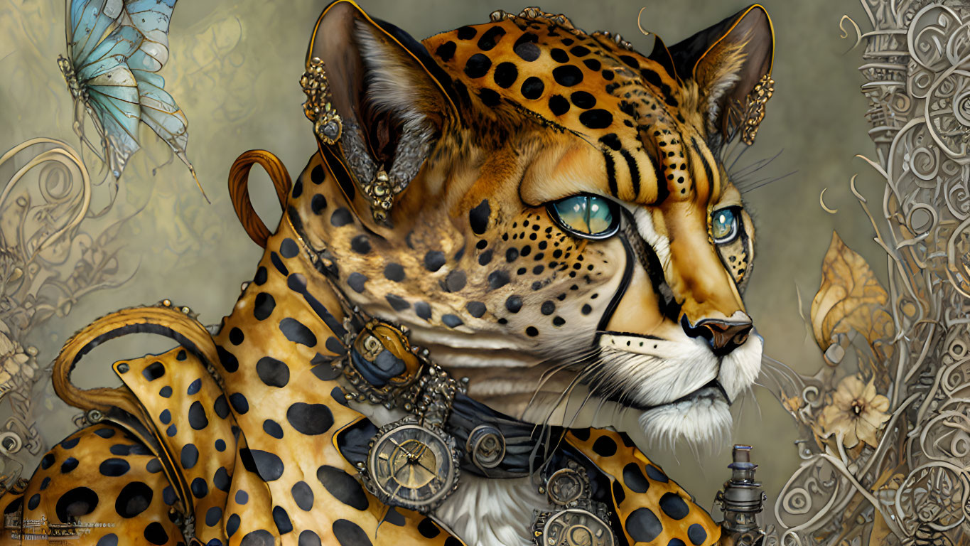 Steampunk-themed anthropomorphic leopard with intricate jewelry and cogs, accompanied by a blue butterfly on