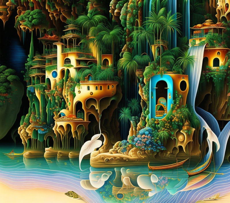 Fantastical landscape with whimsical architecture, cliffs, waterfalls, exotic flora, birds, and