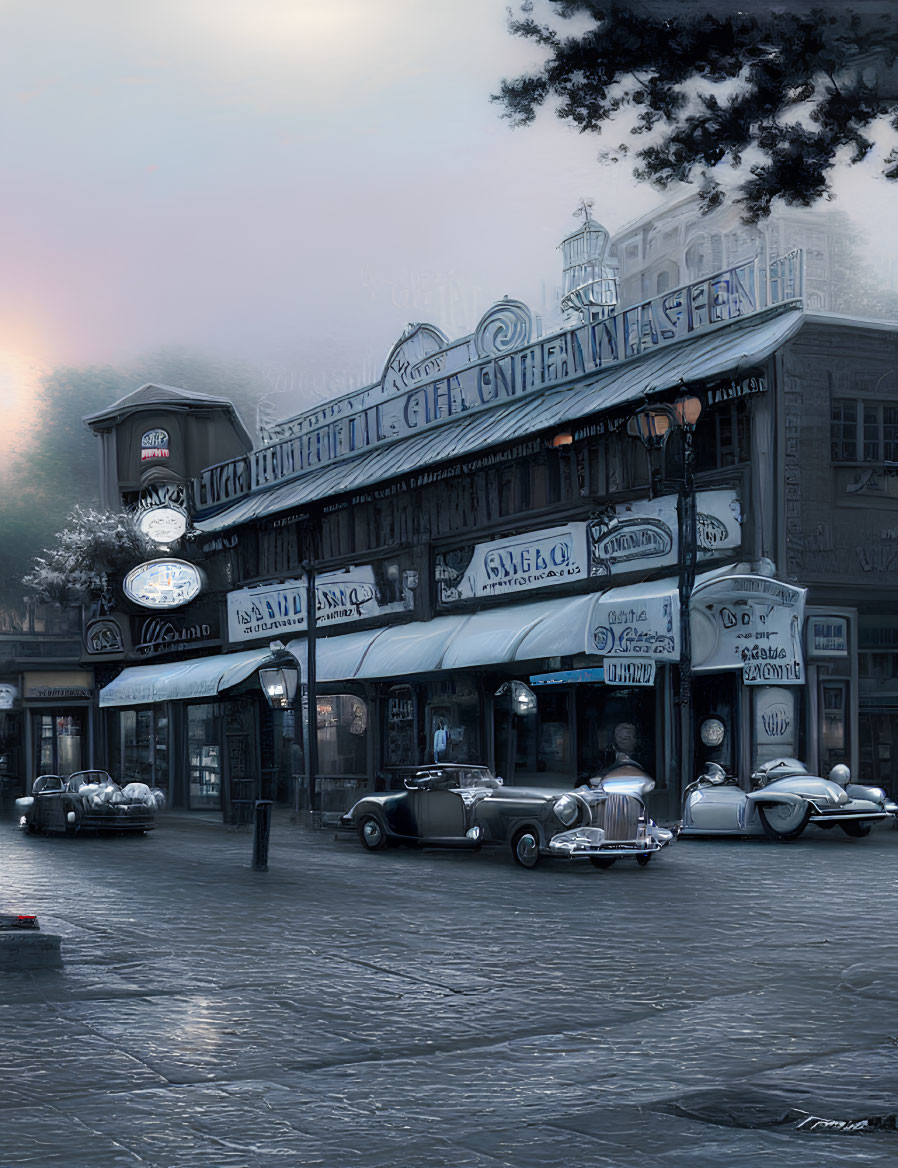 Vintage grayscale image of classic cars on old-fashioned street at dusk