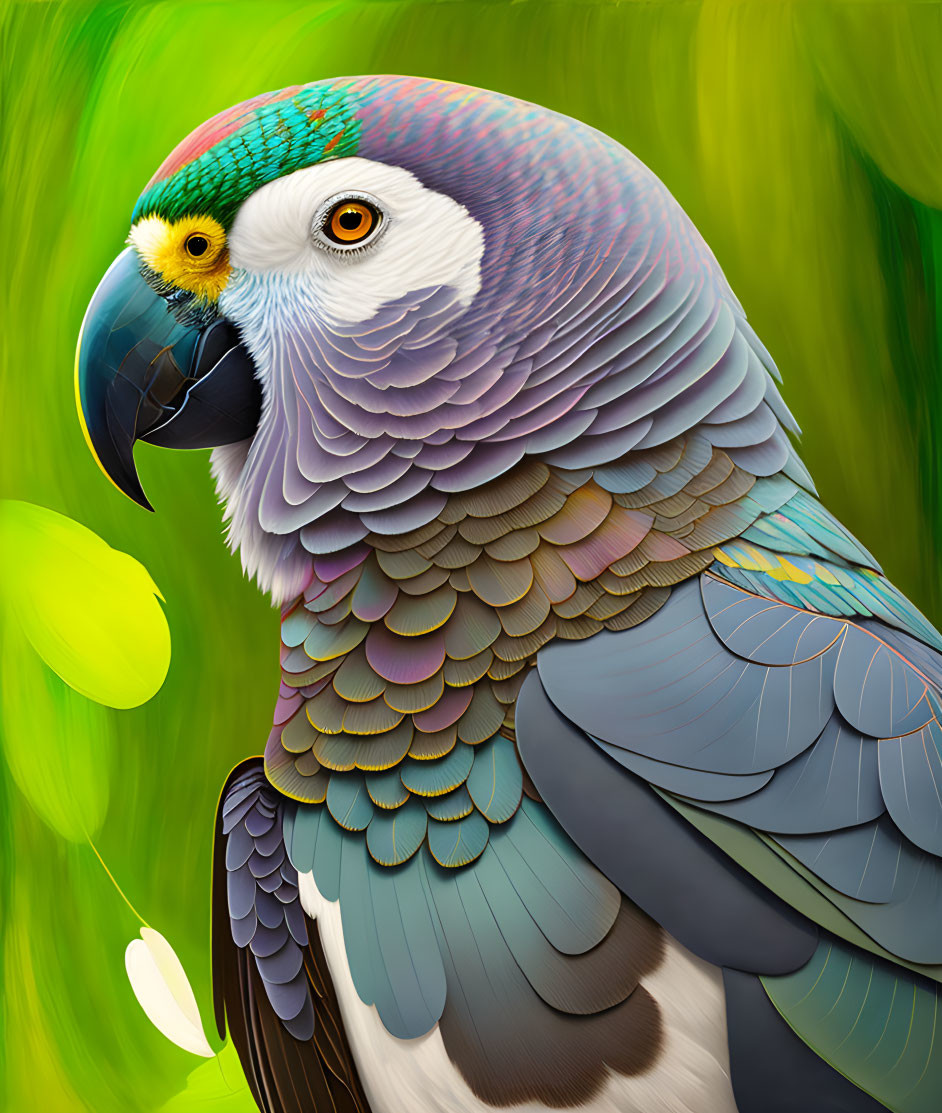 Colorful Parrot Illustration with Detailed Feathers on Green Background