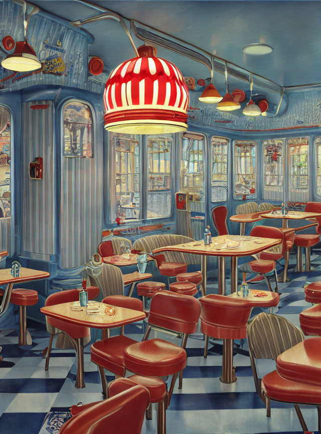 Vintage Diner Interior with Blue & White Walls, Checkered Floor, Red Booth Seats & Juke