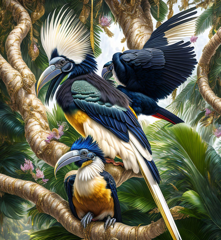 Colorful Hornbills Perched in Lush Jungle Setting