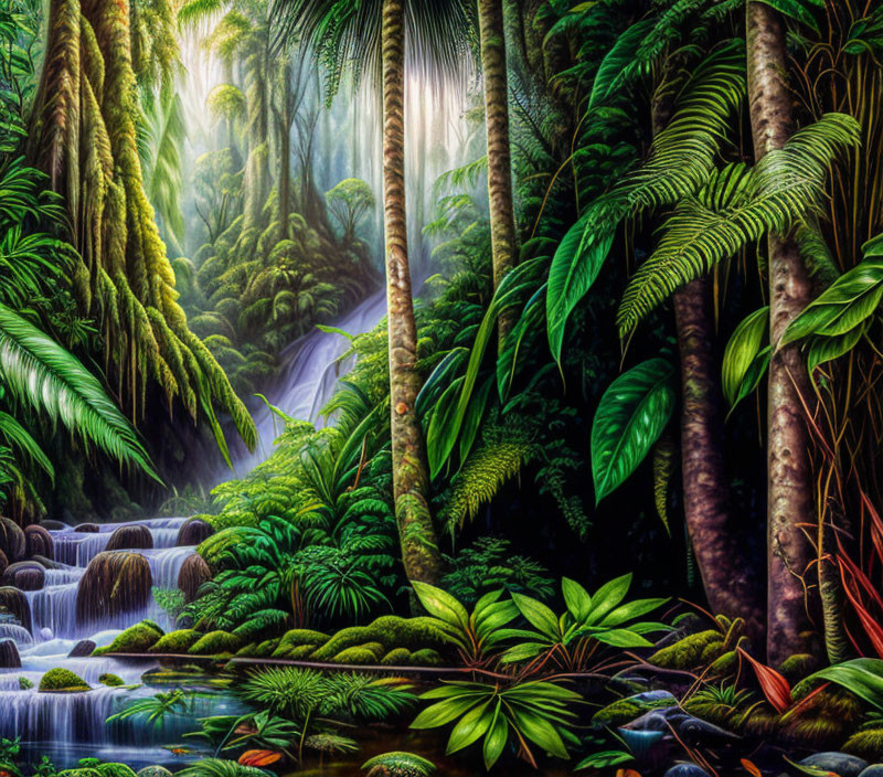 Lush Jungle Scene with Waterfalls and Sunlight