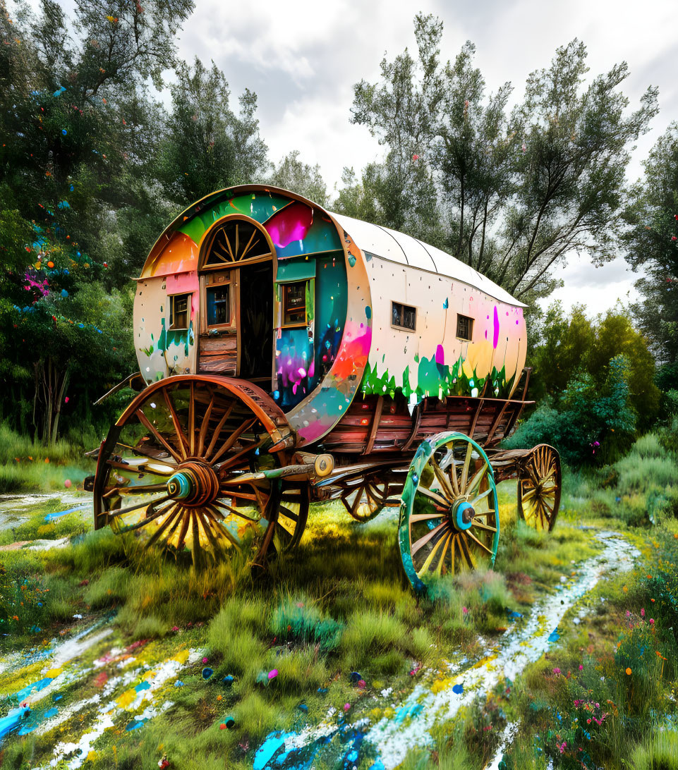 Colorful paint-splattered traditional wagon in vibrant greenery under cloudy sky