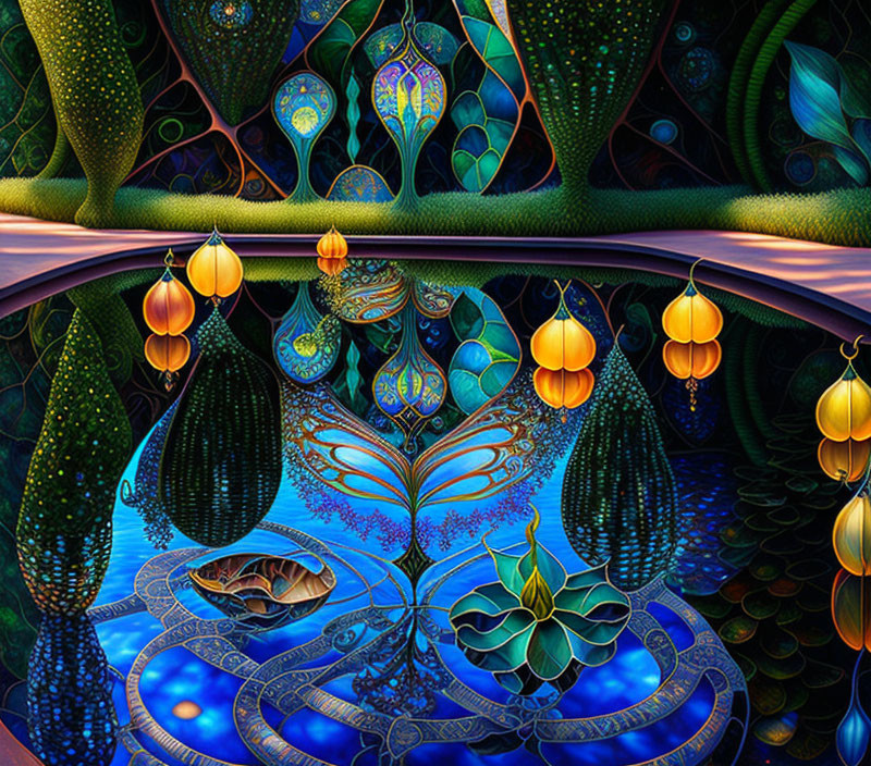 Fantastical landscape with peacock motifs and hanging lanterns reflected in serene water.