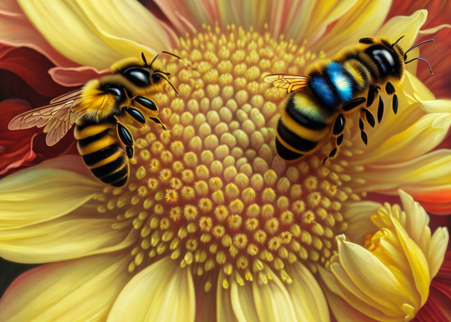 Vibrant yellow and red flower with two bees and intricate petals.