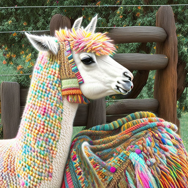 Colorful llama illustration with scarf and blanket by a fence