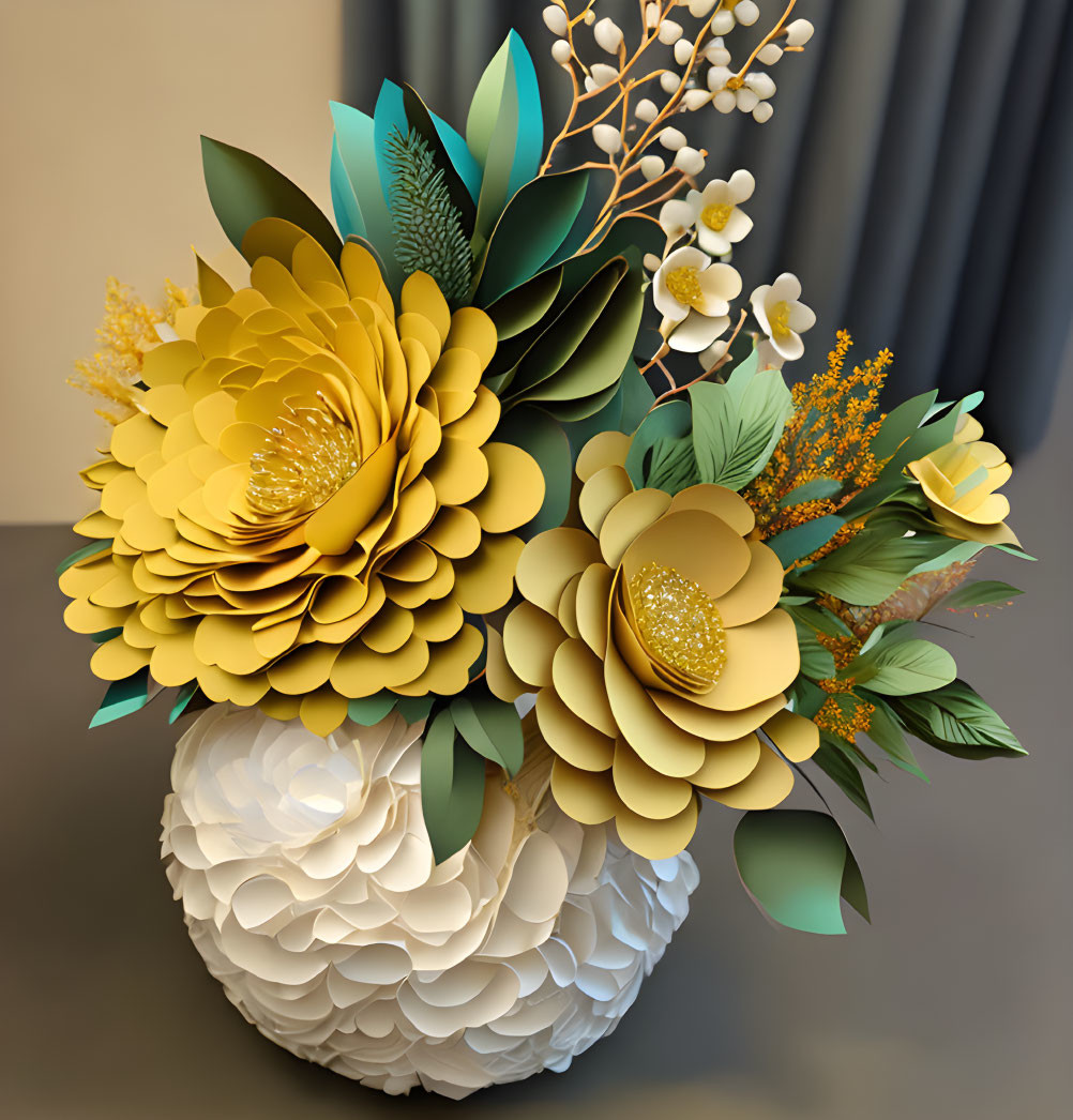 3D-rendered spherical white vase with paper-cut flowers in yellow and green on beige surface