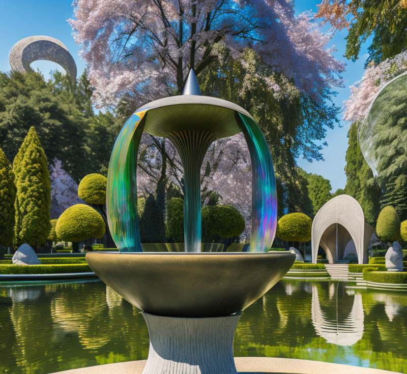 Futuristic garden with reflective fountain and pink blossoming trees