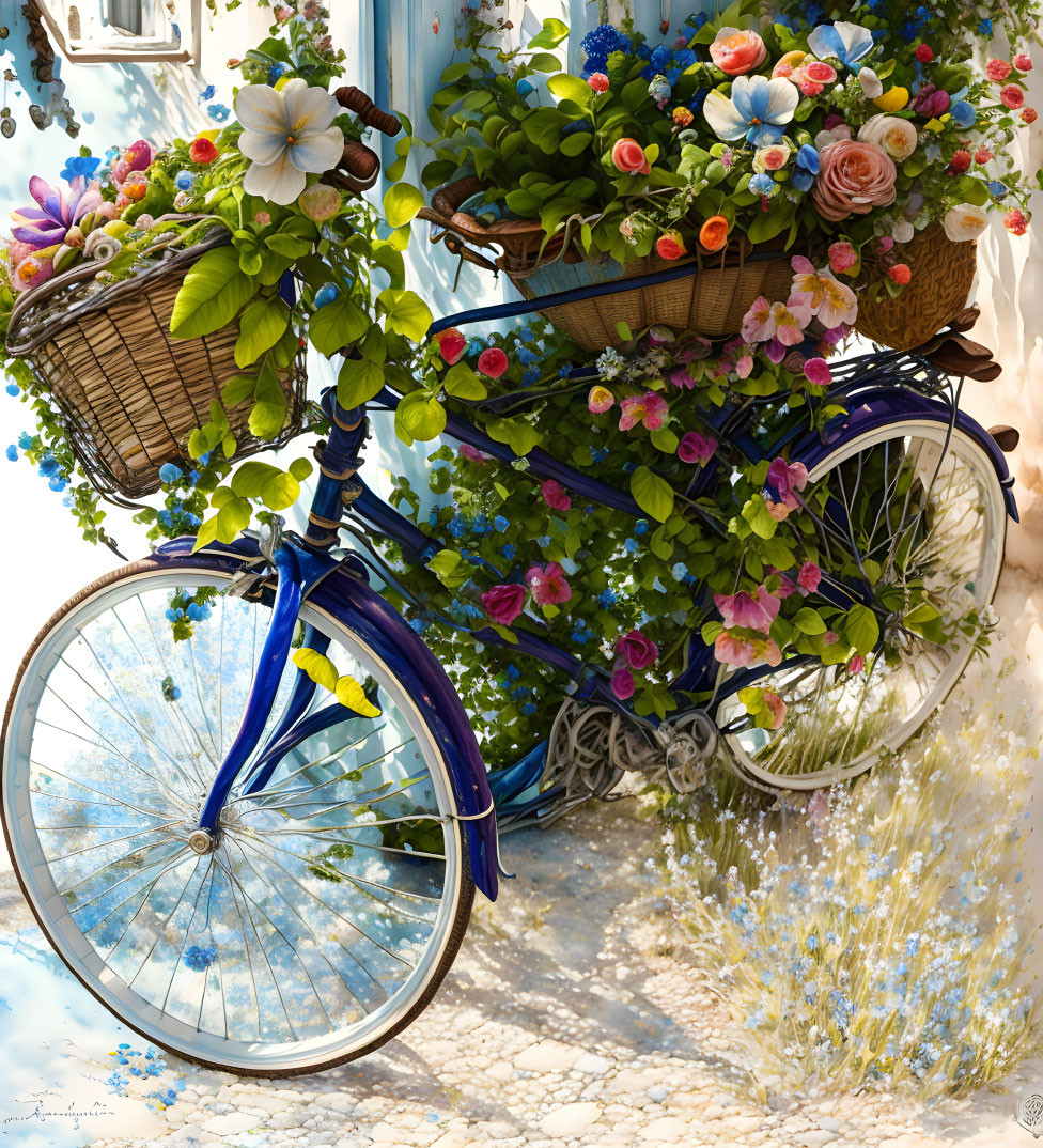 Vintage Blue Bicycle with Flower Baskets Against White Wall and Floral Vines