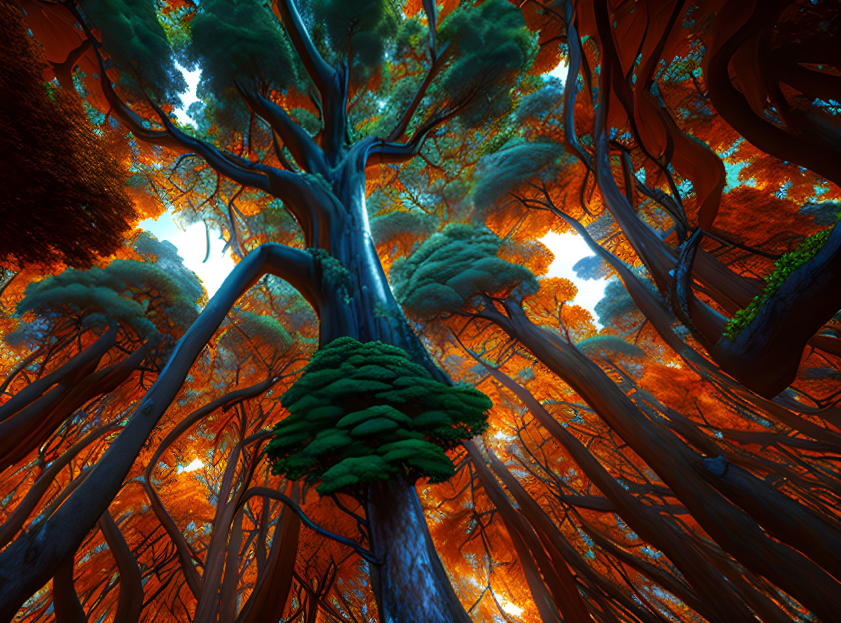 Broad-trunked tree in forest with orange foliage under blue sky