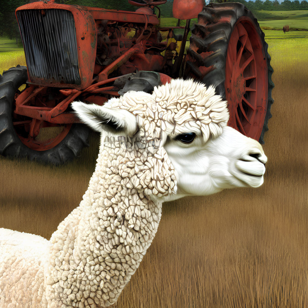 White Alpaca and Vintage Red Tractor in Green Field