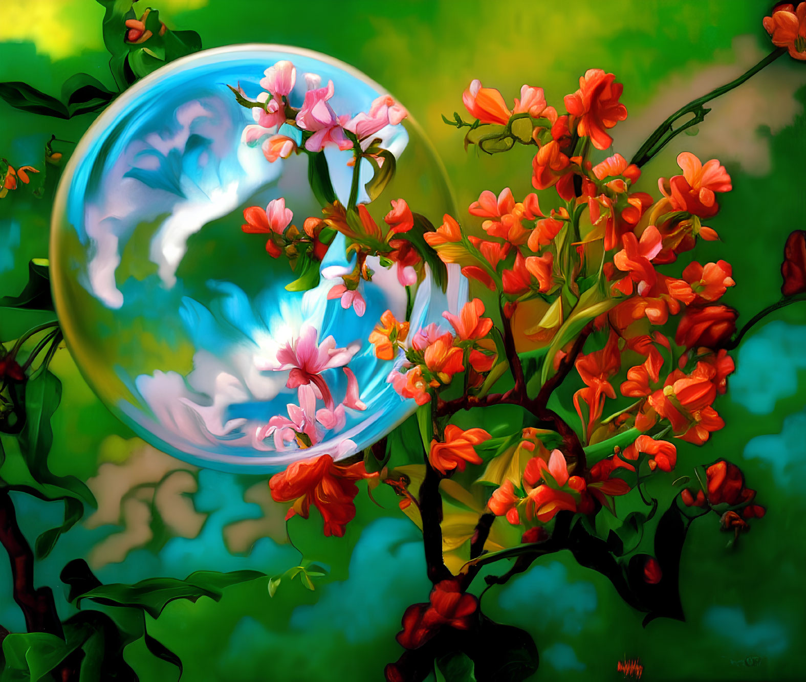 Digital Artwork: Vibrant Orange Flowers & Surreal Mirrored Sky