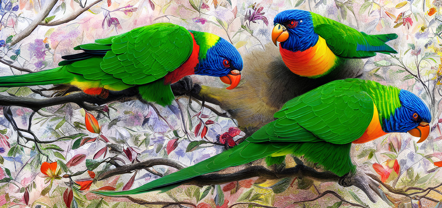 Colorful Lorikeets Perched on Branch with Floral Background