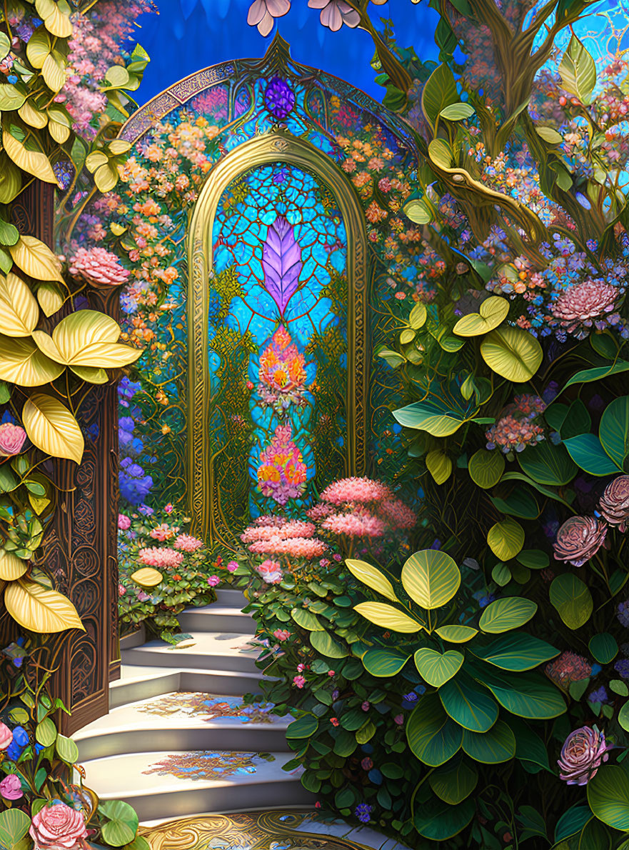 Golden door with stained glass in lush garden with blooming flowers