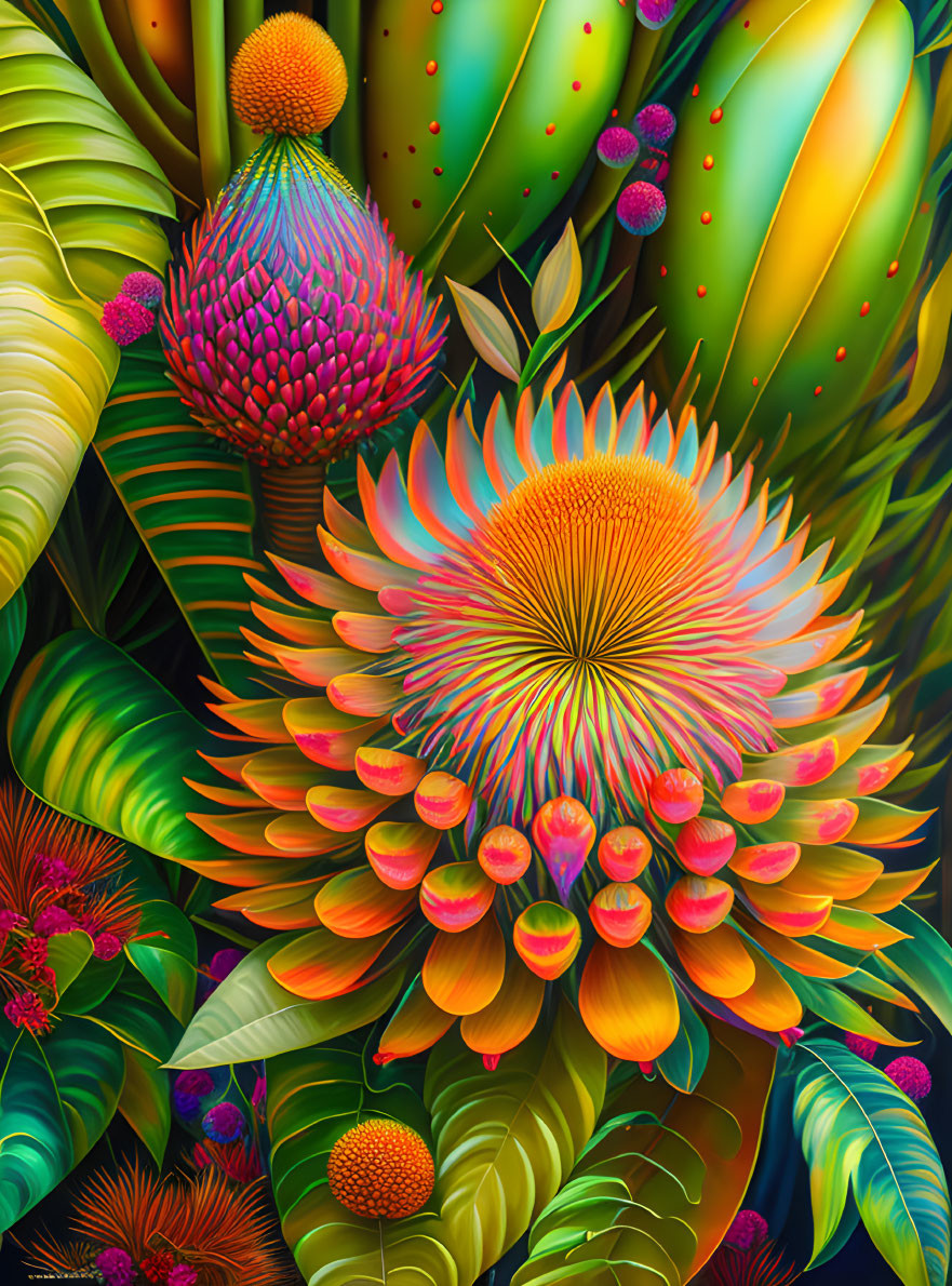 Colorful Digital Artwork: Fantastical Flowers & Foliage in Vivid Colors