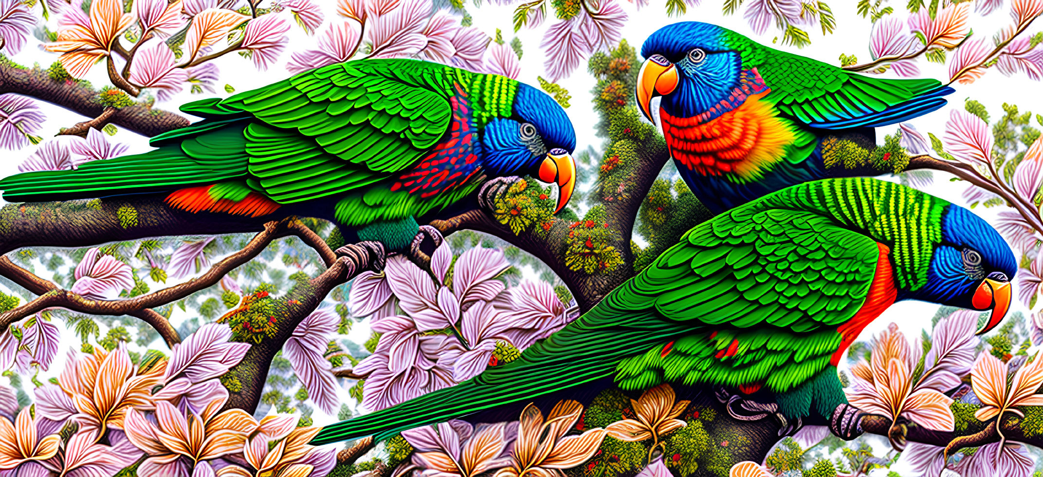 Colorful Parrots Perched on Branches in Vibrant Illustration