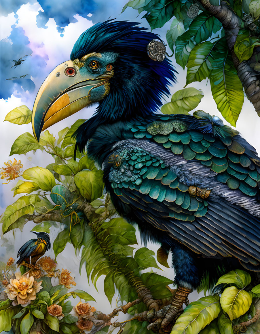 Majestic blue and green bird with curved beak in lush greenery