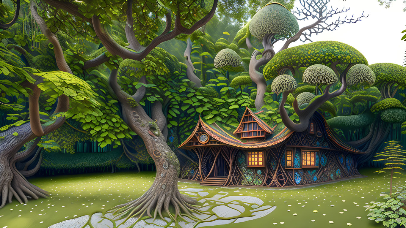 Whimsical fairytale cottage in enchanted forest with spiral trees