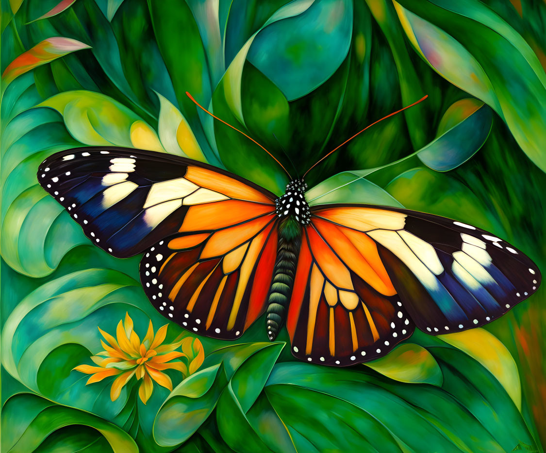 Colorful monarch butterfly on green foliage with yellow flower - Artwork