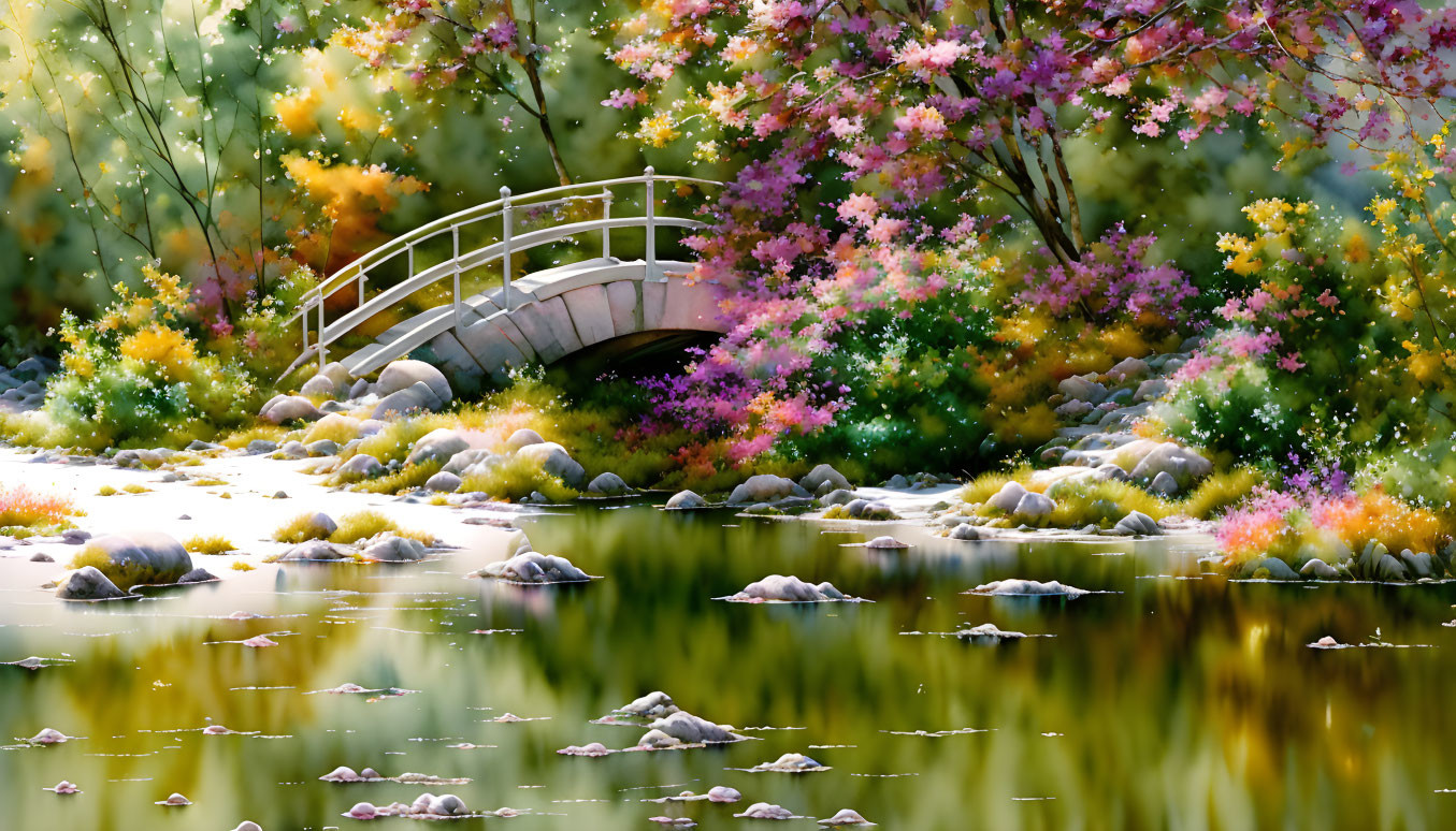 Tranquil garden scene with white arched bridge over pond