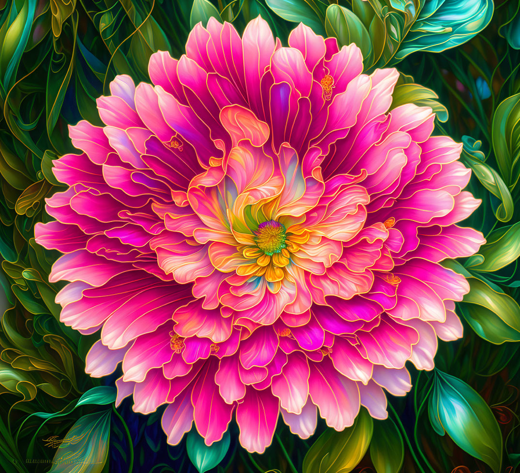 Colorful digital artwork: Large pink flower with intricate petals on lush green background