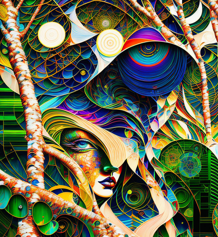 Colorful Psychedelic Digital Art: Woman's Face in Abstract Nature Scene