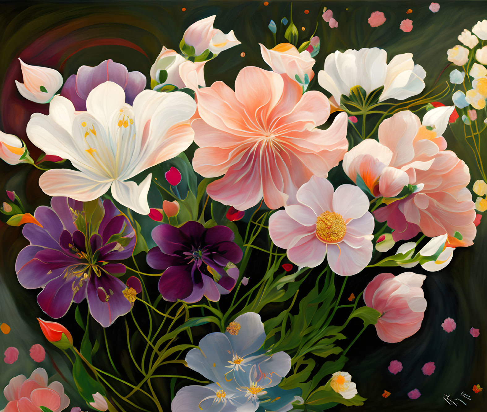 Assorted flowers painting with pink, white, and purple blooms on dark backdrop