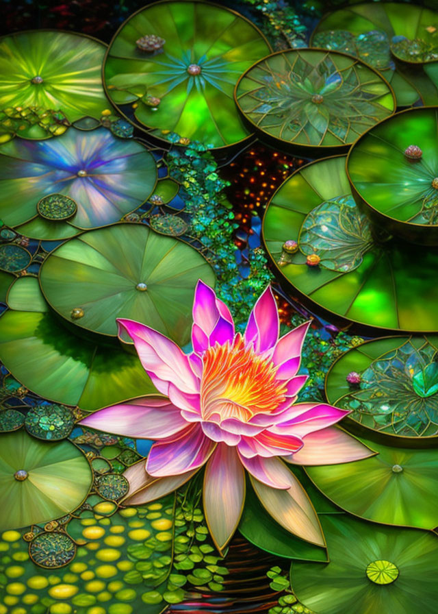 Colorful digital artwork: Pink and yellow lotus in a pond with lily pads