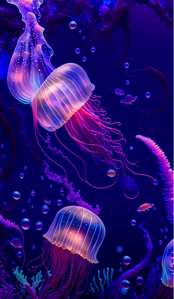 Glowing jellyfish with long tentacles in deep blue ocean