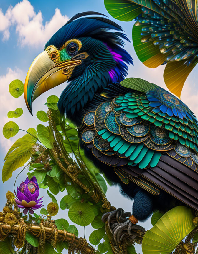 Colorful Stylized Bird Perched in Lush Greenery