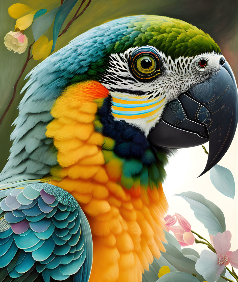 Colorful Macaw Parrot Illustration with Detailed Feathers and Floral Background