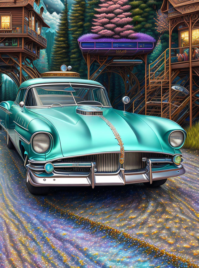 Vintage Teal Car with Chrome Details on Glittering Road