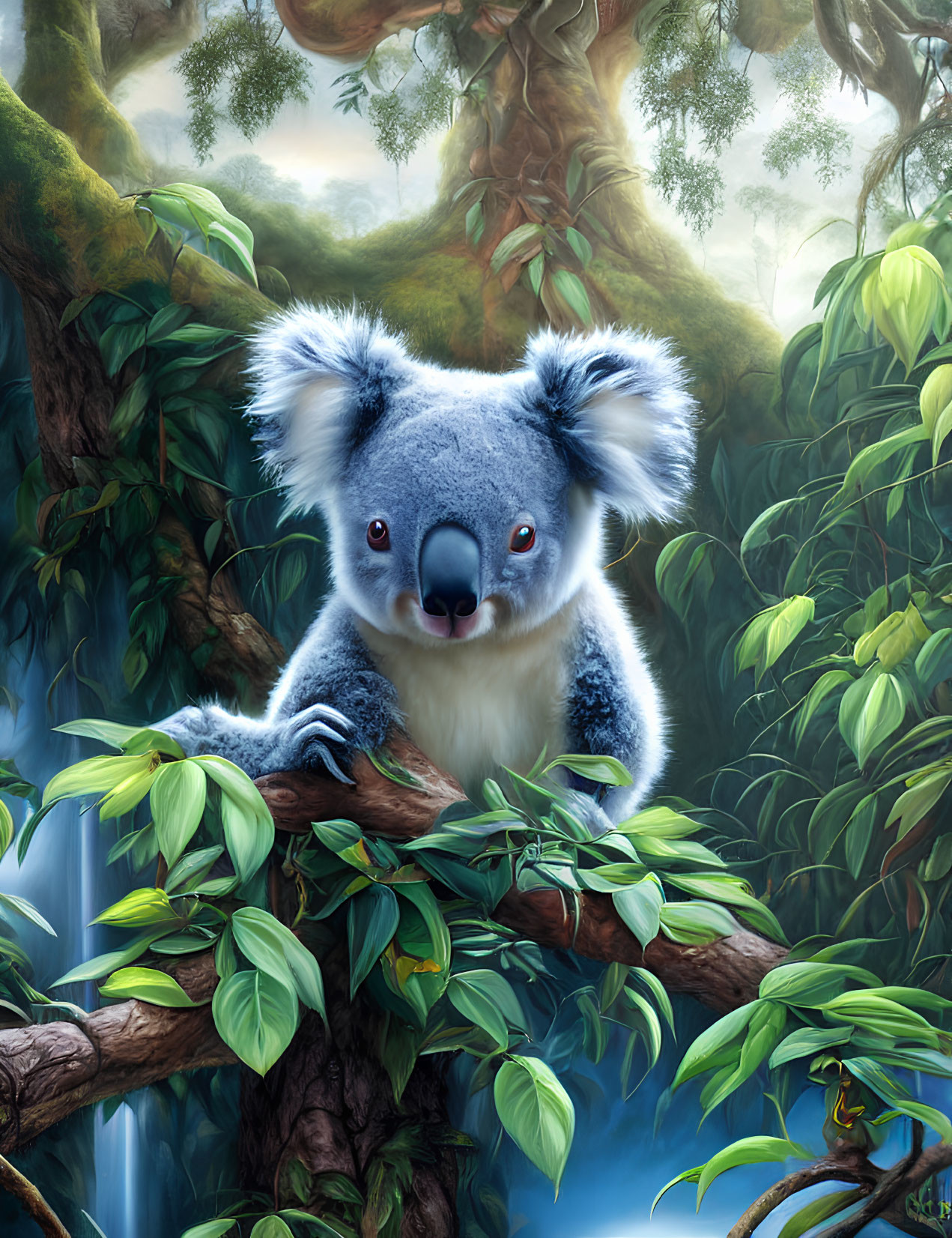 Koala on tree branch in lush forest with expressive eyes