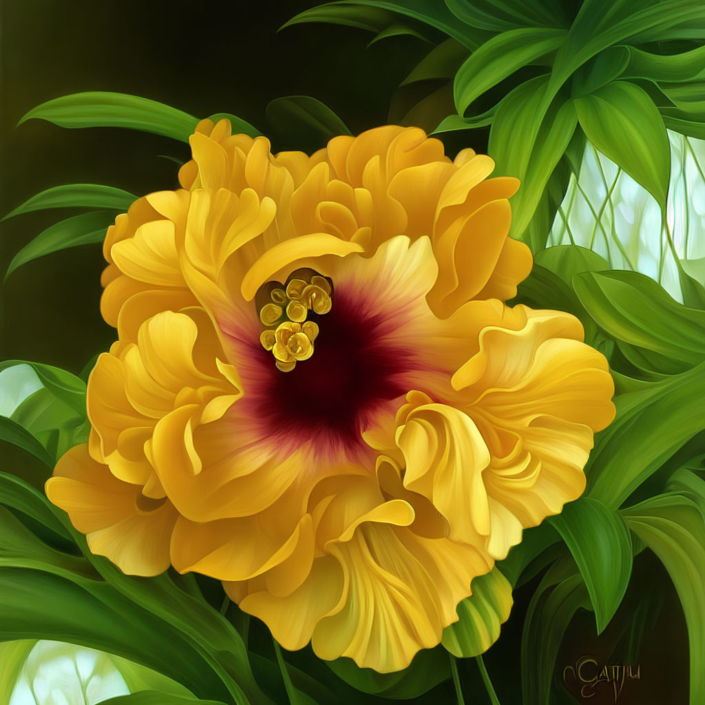 Colorful digital artwork: Yellow hibiscus flower with red center and green leaves.
