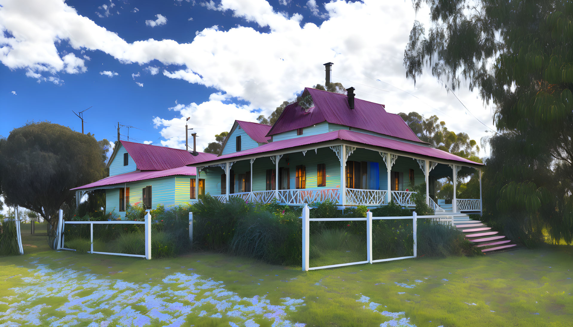 Traditional Country House with Purple Roof Surrounded by Greenery