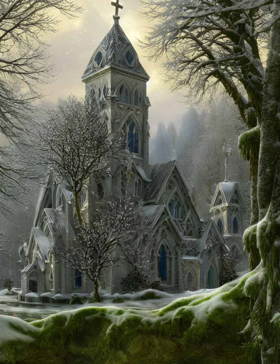 Snow-covered gothic church in twilight snowfall