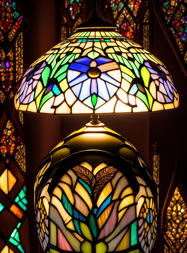 Colorful Floral Tiffany-Style Stained Glass Lamps on Dark Background