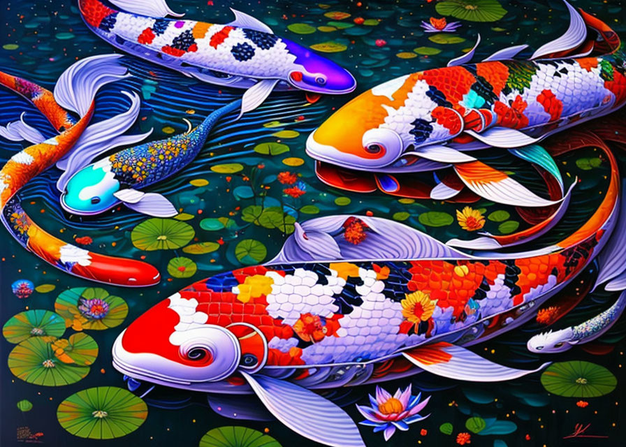 Colorful digital art: Koi fish, lily pads, blossoms