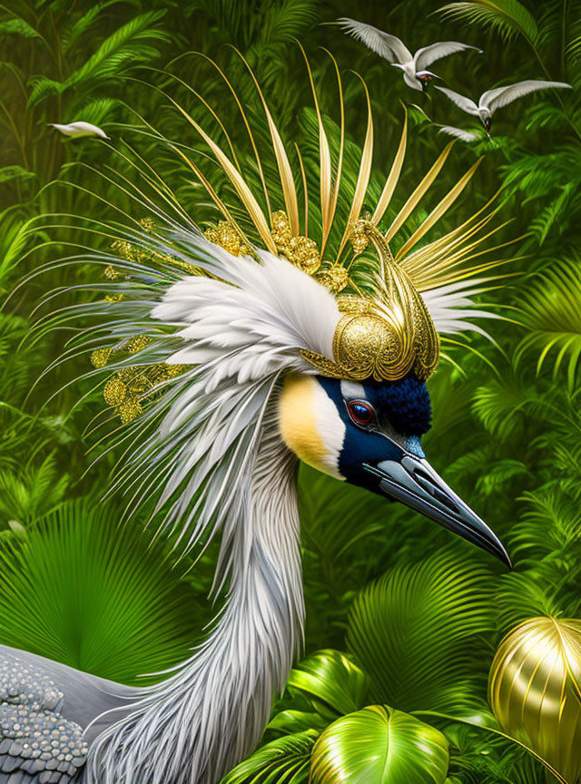 Striking white bird with golden headpiece in lush green setting