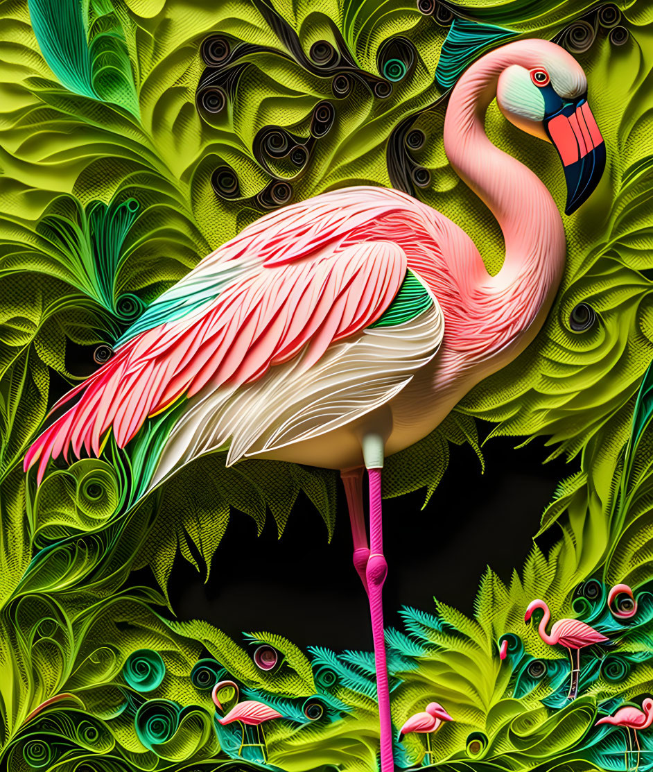 Vivid digital artwork: Pink flamingo with green foliage patterns