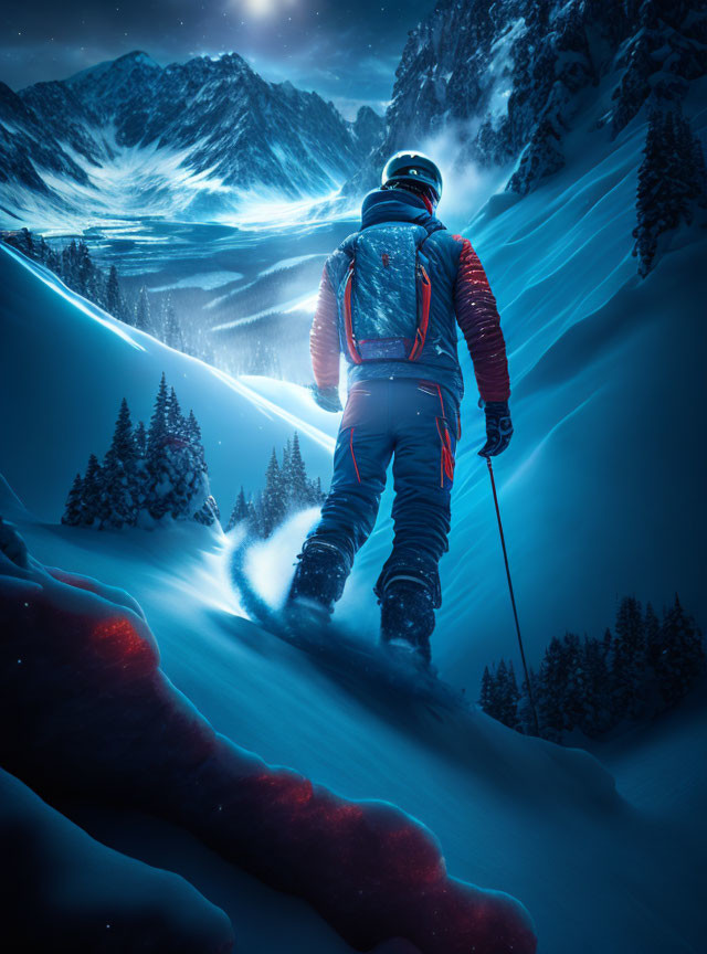 Skier on Snowy Slope at Night with Moonlit Sky