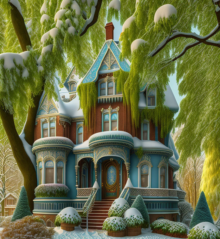 Victorian-style House in Snowy Setting with Festive Decorations