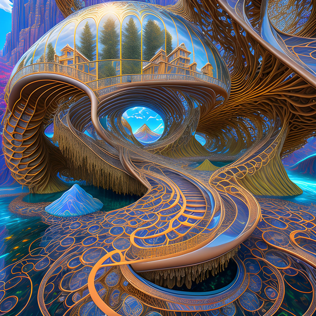 Surreal digital artwork of spiral landscape and ornate patterns