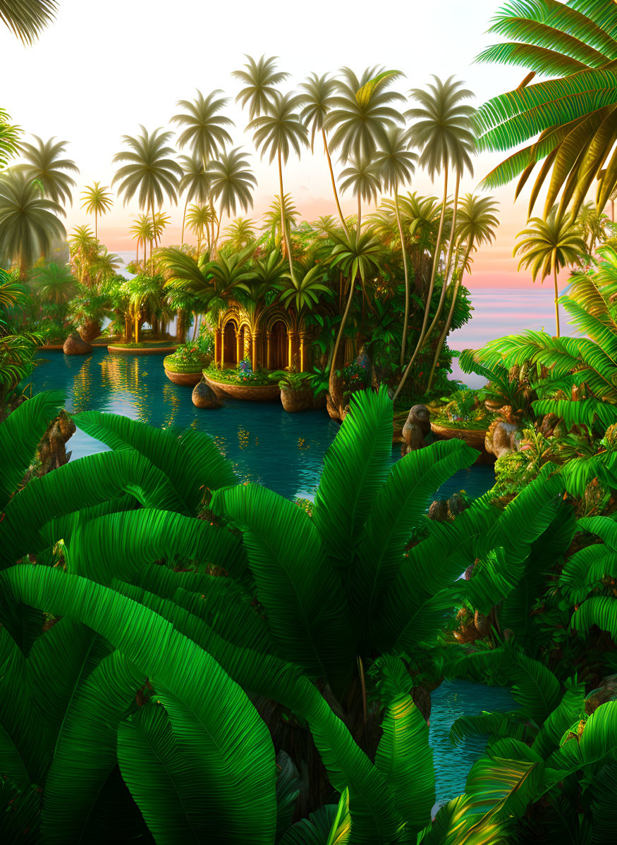 Tropical Paradise: Vibrant Greenery, Palm Trees, Blue Waterway at Sunset