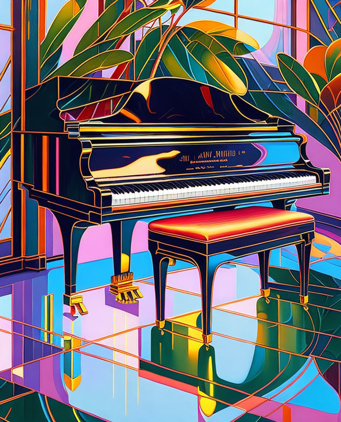 Colorful Grand Piano Illustration with Abstract Background